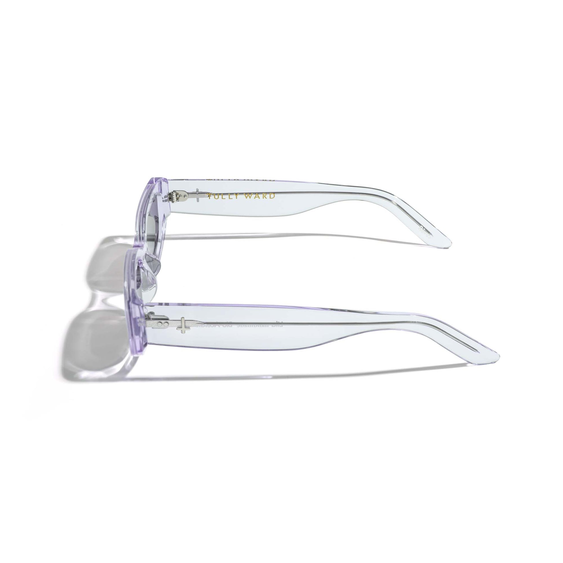 anslucent lilac cat-eye sunglasses Italian acetate Byron Bay ethical eyewear view product side logo