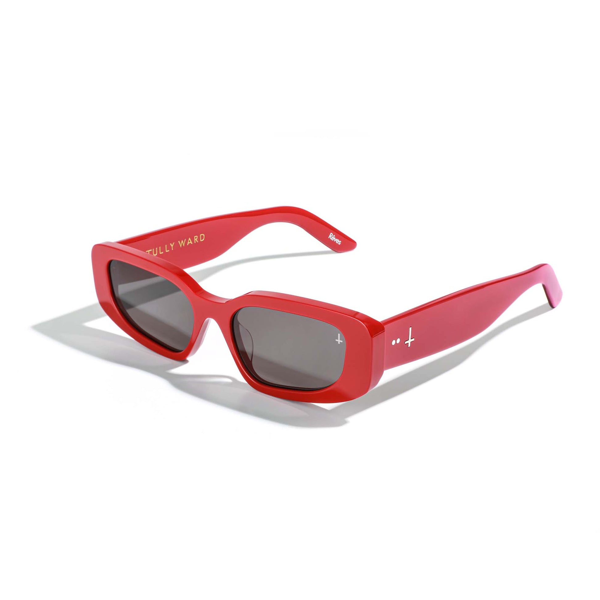 Ruby red cat-eye sunglasses Italian acetate Byron Bay designed ethical view side angle